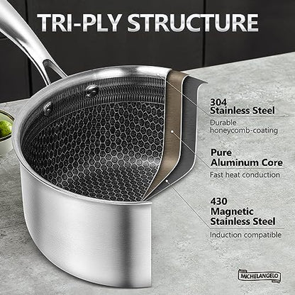 MICHELANGELO Triply Stainless Steel Pot Set, Hybrid Nonstick Saucepan Set with Lids, Induction Compatible Heavy Duty Sauce Pan 1QT & 2QT & 3QT, Honeycomb Interior, Dishwasher Safe Cookware - 6 Piece