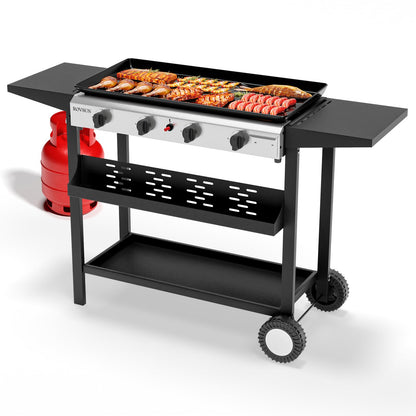 ROVSUN 4 Burner Portable Propane Griddle with Nonstick Enameled Tray, 40000 BTU Rolling Flat Top Gas Grill with Electronic Ignition, Side Shelves & Regulator for Outdoor Cooking Camping BBQ Tailgating