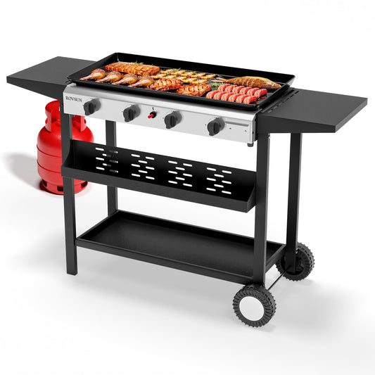 ROVSUN 4 Burner Portable Propane Griddle with Nonstick Enameled Tray, 40000 BTU Rolling Flat Top Gas Grill with Electronic Ignition, Side Shelves & Regulator for Outdoor Cooking Camping BBQ Tailgating