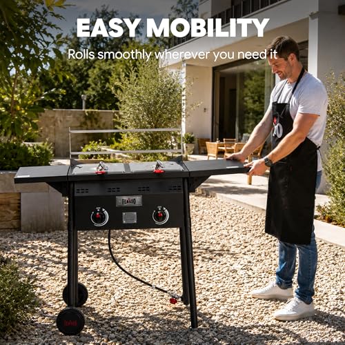Feasto Outdoor Propane Deep Fryer with Rolling Cart, Dual Tank Fish Fryer with 2 Independent Burners, 100,000 BTU, 4-Gal Oil Capacity, Frying Station with Baskets for Fish, Fries & Chicken