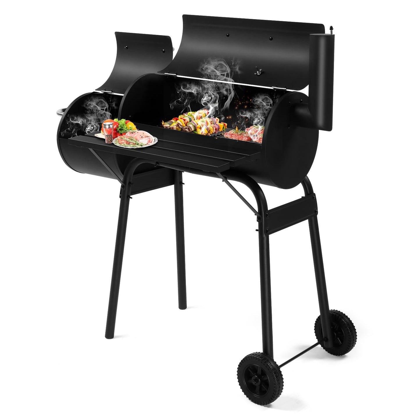 Outdoor Barrel BBQ Grill,Barrel Charcoal Grill with Offset Smoker, All Metal Outdoor Smoker with Side Table and Wheels for Outdoor Garden Patio and Backyard Cooking