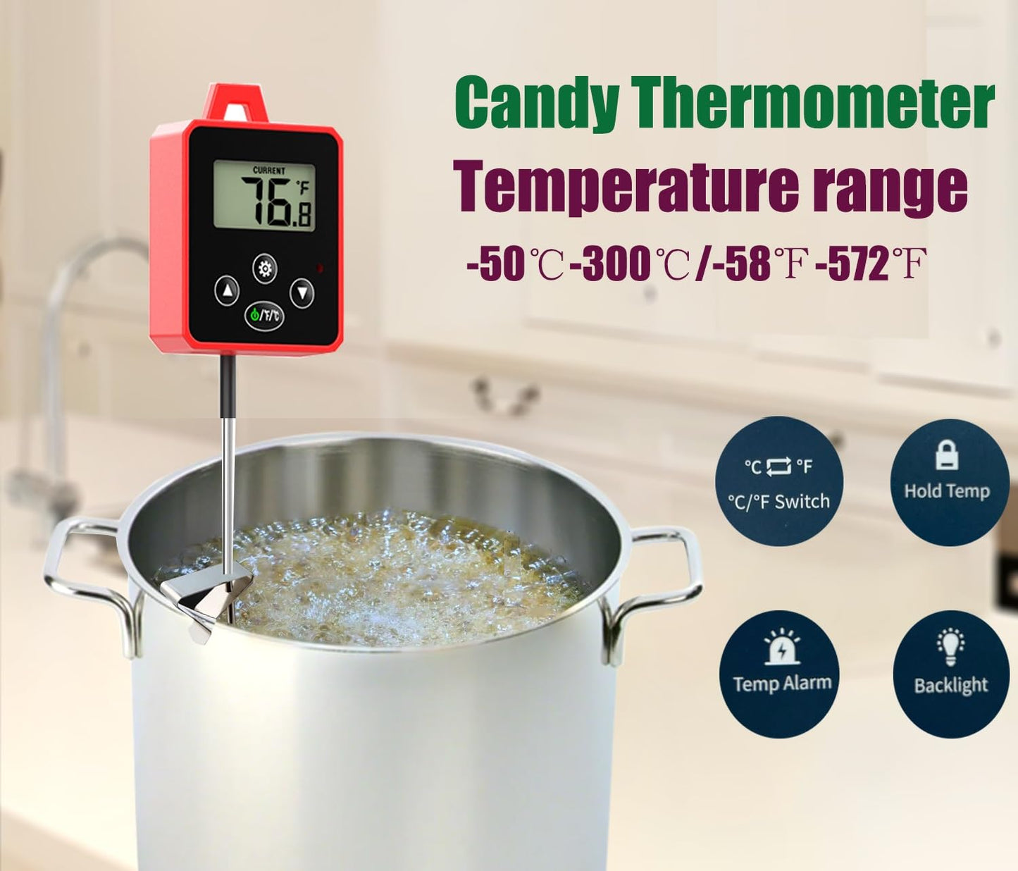 Digital Candy Thermometer with Pot Clip,Alarm Function,10'' Long Probe,Rotatable Display, Programmable Instant Read Food Candy Thermometer for Candy Making,Candle Smoker, Oil Cooking