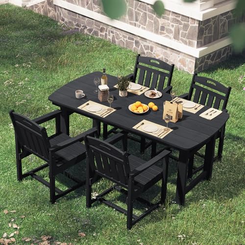 SUUNYN HDPE Outdoor Patio Dining Set with Table & 4 Chairs, All-Weather 5-Piece Outdoor Table and Chairs, 2" Umbrella Hole, Patio Furniture for Garden, Backyard, Deck | Matte Black