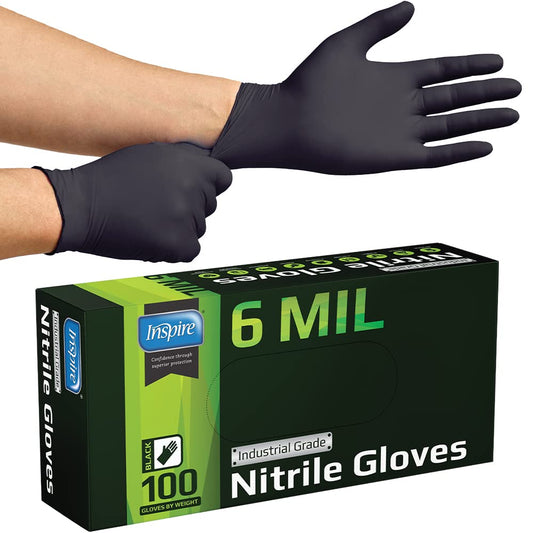Inspire Black Nitrile Gloves HEAVY DUTY 6 Mil Chemical Resistant Medical Cooking Cleaning Disposable Glove