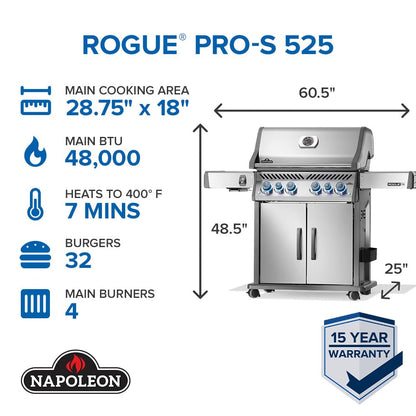 Napoleon Rogue PRO-S 525 Propane Gas Grill with Infrared Side and Rear Burners, Stainless Steel, Durable 6-Burner BBQ