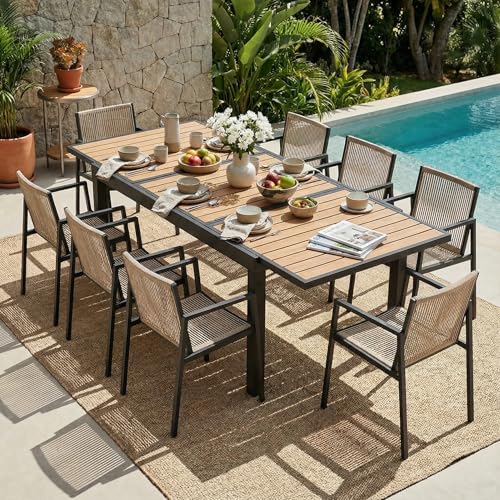 ZANDOR Expandable Outdoor Dining Set for 4-6-8,Patio Table and Chairs Set with Wood Top for Garden,Backyard,Porch,55"-82.7" Extendable Aluminum Outdoor Table Set with 8 Chairs,Grey