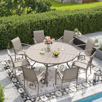 DIFY 9 Pieces Outdoor Patio Dining Set for 8, 53.1" Sandshell Round Metal Dining Table and 8 Sandshell Stackable Sling Dining Chairs, Outdoor Table and Chairs for Lawn Garden Backyard Deck