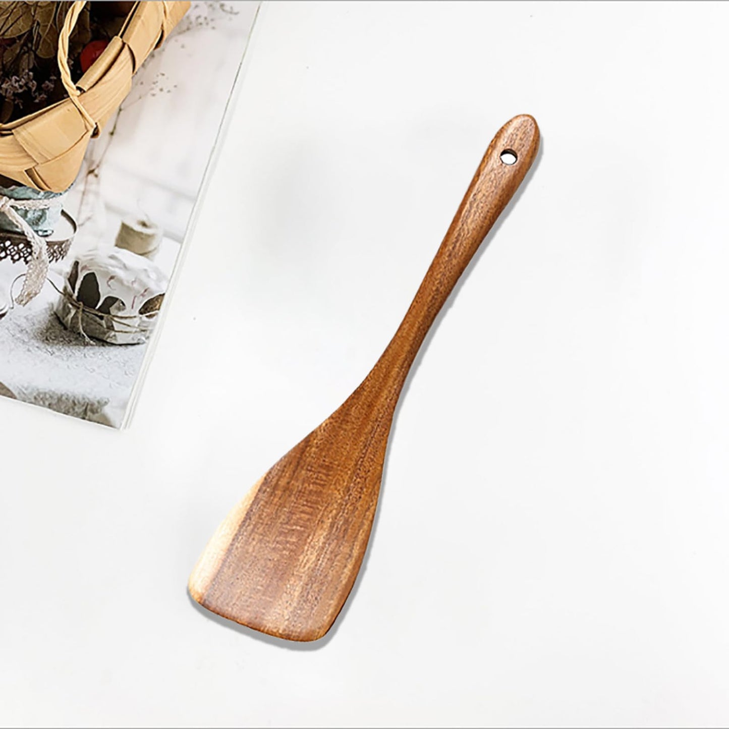 2 Pcs Wooden Spatula Set - Acacia Wood Non-Stick Kitchen Utensils with Long Handle - Solid & Slotted Spatulas for Cooking, Baking - Smooth Finish, Handmade Wooden Spoons