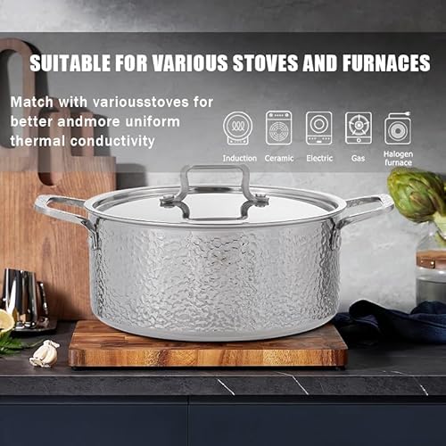 Vivicreate Tri Ply Stainless Steel Stock Pot with Lid 5 Quart Hammered Stockpot Induction Cooking Pot Soup Pot Compatible with All Stovetops (5QT)