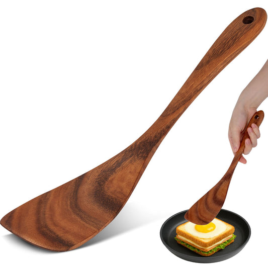 HANSGO Wooden Spatula, 12 Inch Natural Acacia Wood Spatula for Non Stick Frying Pan, Right Hand Flat Turner for Flipping Eggs Toast Pancakes, Sturdy & Lightweight