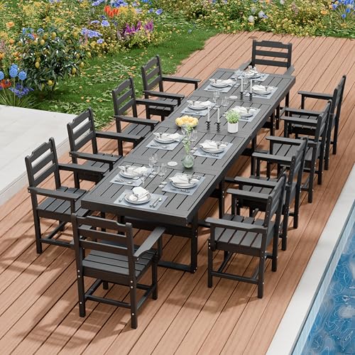 K Knowbody HDPE Outdoor Dining Set for 10, All-Weathe 12-Piece Patio Table and Chairs Set with Umbrella Hole, Steel-Reinforced Durable Patio Furniture for Backyard, Garden, Lawn & Poolside, Black