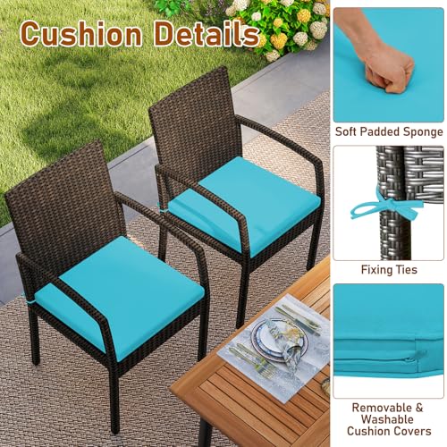 Tangkula 7 Pieces Outdoor Dining Set, Patio Acacia Wood Table and PE Rattan Chairs with Soft Cushions and 2” Umbrella Hole for Deck, Garden and Backyard