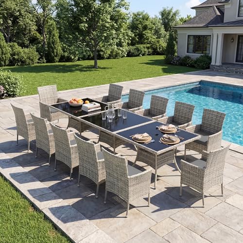 Muphyers 15-Piece Patio Dining Set, Patio Furniture Set with Square Tempered Glass Table & 12 Wicker Chairs, Expandable Design for Larger Groups, Outdoor Furniture for Backyard, Deck, Garden, Grey