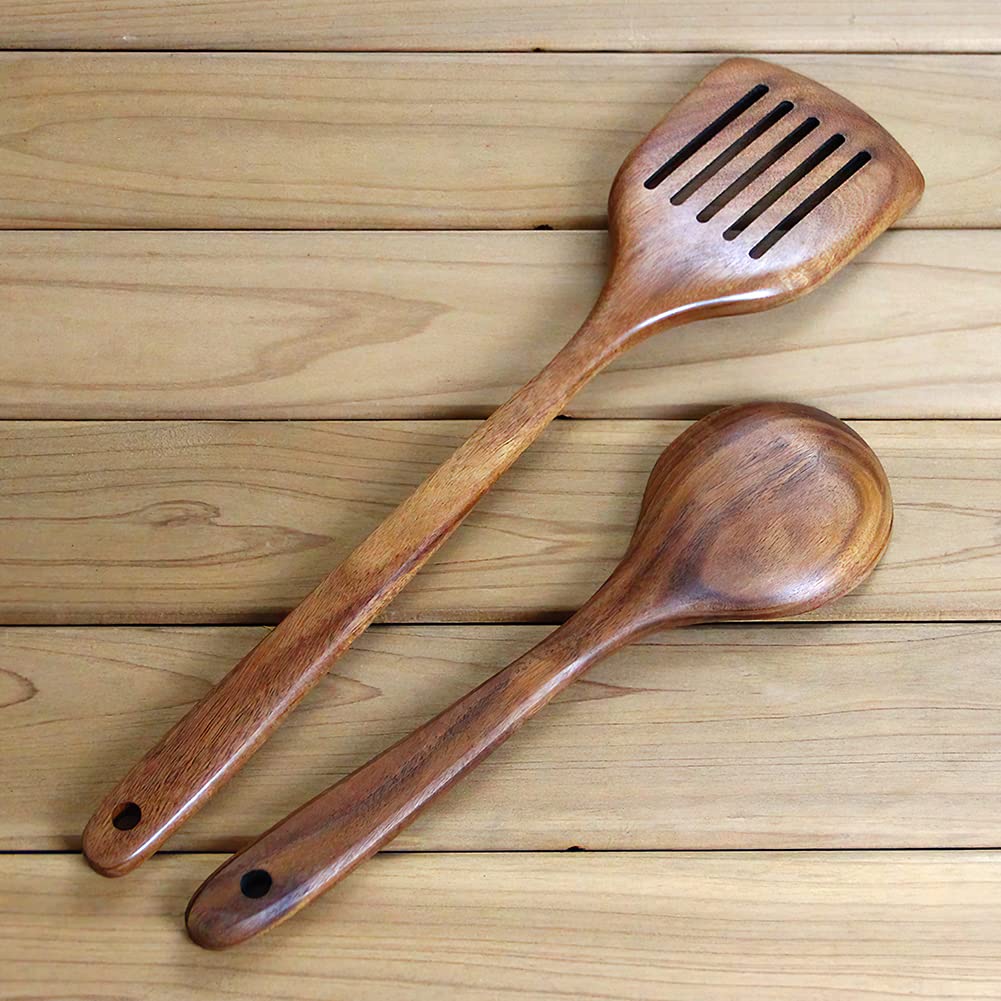 AYFDISHS Wooden Spatulas for Cooking, Handmade Natural Acacia Cooking Rice Paddle, Slotted Spatula for Nonstick Cookwares, Set of 2