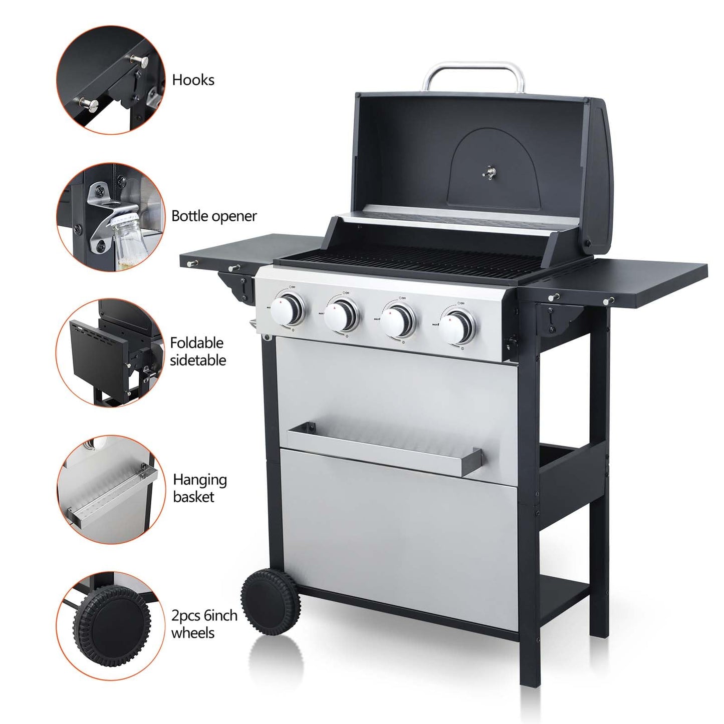 4-Burner Propane Gas Grill with 2 Foldable Side Tables, 34,200 BTU Outdoor BBQ Grill with Porcelain-Enameled Flame Tamers, Built-in Thermometer, Easy Assembly for Patio, Backyard BBQ