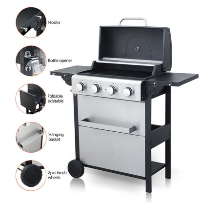 4-Burner Propane Gas Grill with 2 Foldable Side Tables, 34,200 BTU Outdoor BBQ Grill with Porcelain-Enameled Flame Tamers, Built-in Thermometer, Easy Assembly for Patio, Backyard BBQ
