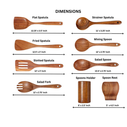 9 Pics Teak Wood Utensil Set-Wooden Cooking Spoon for Cooking-Wooden Spatula with Utensils Rest and Holder Cooking Utensils Set Non Toxic-Wood Spatula for Cooking