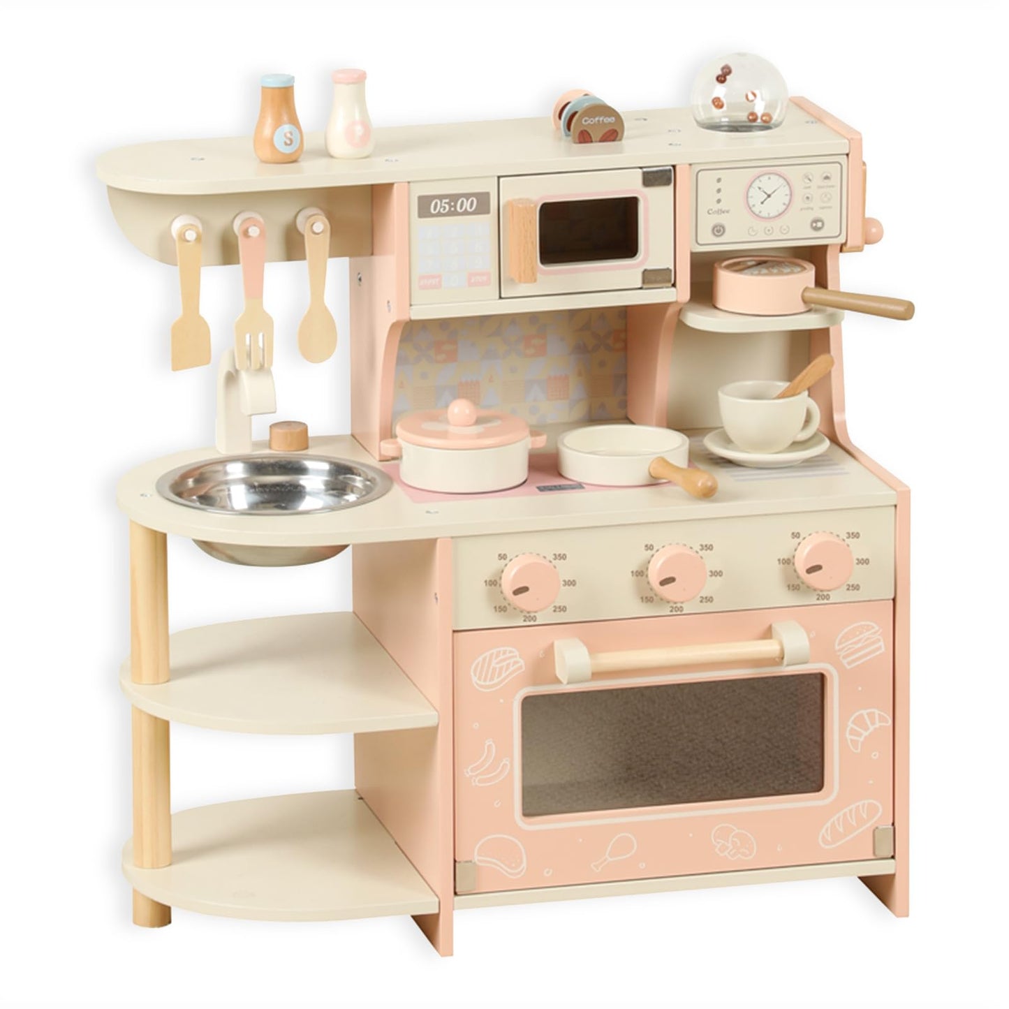 Wooden Kitchen Playset for Kids Ages 3-8, Pretend Play Kitchen for Toddlers with Realistic Design, Cooking Accessories, Coffee Maker, Oven, Microwave, Sink - Small