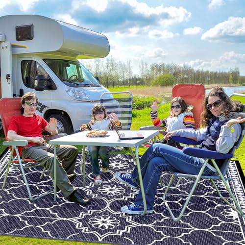 6x9Ft Outdoor Rug, Solar Powered Outdoor Rug with 94LEDs Strip Lights for House Deck, Waterproof Plastic Reversible Outdoor Straw Rugs, Rugs Mat RV Camping Patio Beach Balcony Picnic (Blue White)