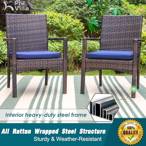 PHI VILLA 5 Piece Outdoor Dining Set with Umbrella, 37" Square Metal Dining Table & Cushioned Rattan Chairs with 10ft Blue Umbrella for Patio, Deck, Yard, Porch