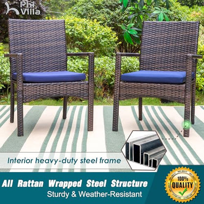 PHI VILLA 5 Piece Outdoor Dining Set with Umbrella, 37" Square Metal Dining Table & Cushioned Rattan Chairs with 10ft Blue Umbrella for Patio, Deck, Yard, Porch