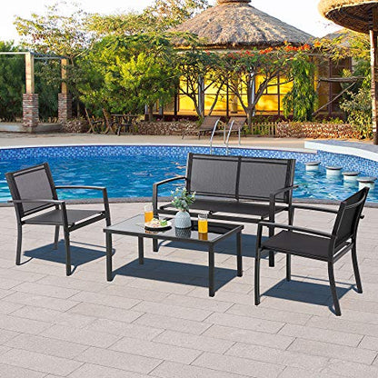 Vongrasig 4 Pieces Patio Furniture Sets,Outdoor Patio Conversation Sets with Glass Coffee Table, Small Porch Balcony Furniture, Patio Table and Chairs Set for Garden, Backyard (Black)