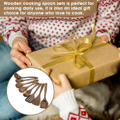 WOODME Kitchen Utensils Set 8 Piece Teak Wooden Cooking Utensil Set Non-Stick Pan Wood Spoons and Spatula Cookware for Home Everyday Use &Kitchen Tools