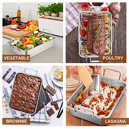 P&P CHEF 14" Roaster Roasting Pan with Baking Rack and V-shaped Rack, Stainless Steel Rectangular Lasagna Pan with Handles for Turkey Chicken, Healthy & Dishwasher Safe, 3 Pieces, Silver