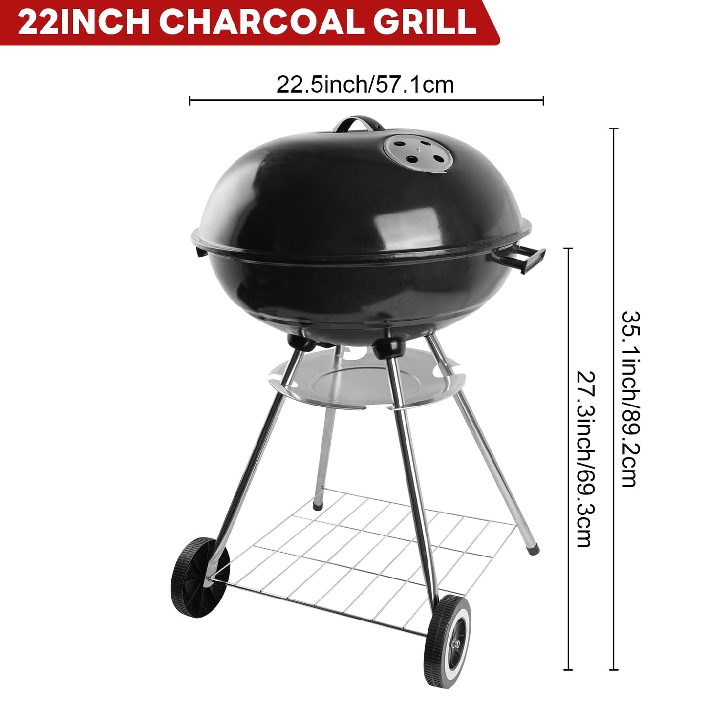 gzcmxh Charcoal Grill - portable BBQ Grill with adjustable air vent, wheels, hanlde - Charcoal Kettle Grill for outdoor, camping, backyard, picnics, party parties (22inch Apple)