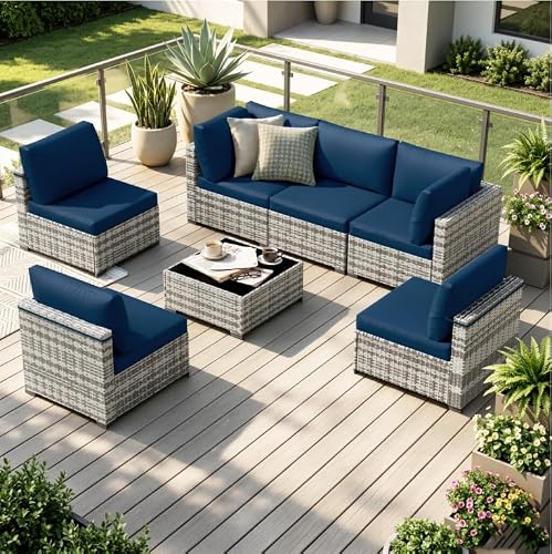 KIGOTY Patio Furniture Set,7 Pieces Modular Outdoor Sectional Sofa, PE Rattan Patio Conversation Set, All Weather Wicker Patio Furniture with Cushions and Coffee Table（Grey White/Dark Blue）