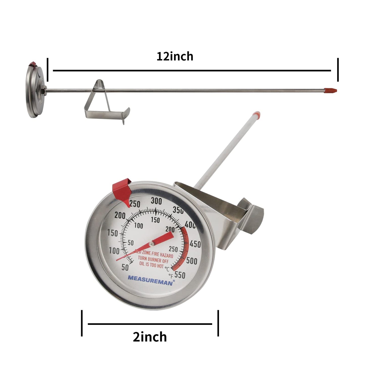 MEASUREMAN Deep Fry Thermometer 2"" dial Size, 12"" Stainless Steel Stem, Stainless Steel Adjustable clamp, Back red Reset Clip on Bezel, Tempered Glass Window, 50-550F/C, Accuracy: +/-2%",2 Pack