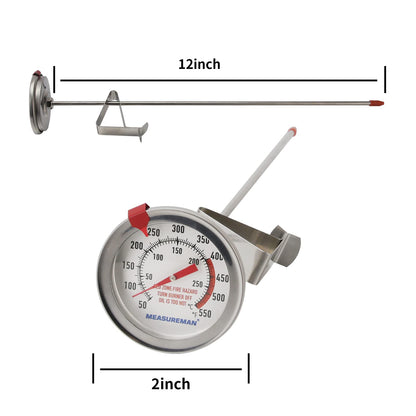 MEASUREMAN Deep Fry Thermometer 2"" dial Size, 12"" Stainless Steel Stem, Stainless Steel Adjustable clamp, Back red Reset Clip on Bezel, Tempered Glass Window, 50-550F/C, Accuracy: +/-2%",2 Pack