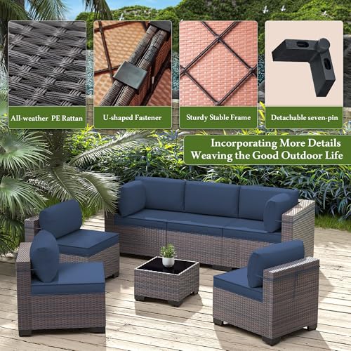 RTDTD 13 Pieces Outdoor Patio Furniture Set,Outdoor Sectional Furniture with 43" 55000 BTU Gas Propane Fire Pit Table,PE Rattan Wicker Patio Conversation Set with 10 Thickened Cushions,Navy Blue
