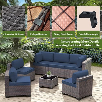 RTDTD 13 Pieces Outdoor Patio Furniture Set,Outdoor Sectional Furniture with 43" 55000 BTU Gas Propane Fire Pit Table,PE Rattan Wicker Patio Conversation Set with 10 Thickened Cushions,Navy Blue