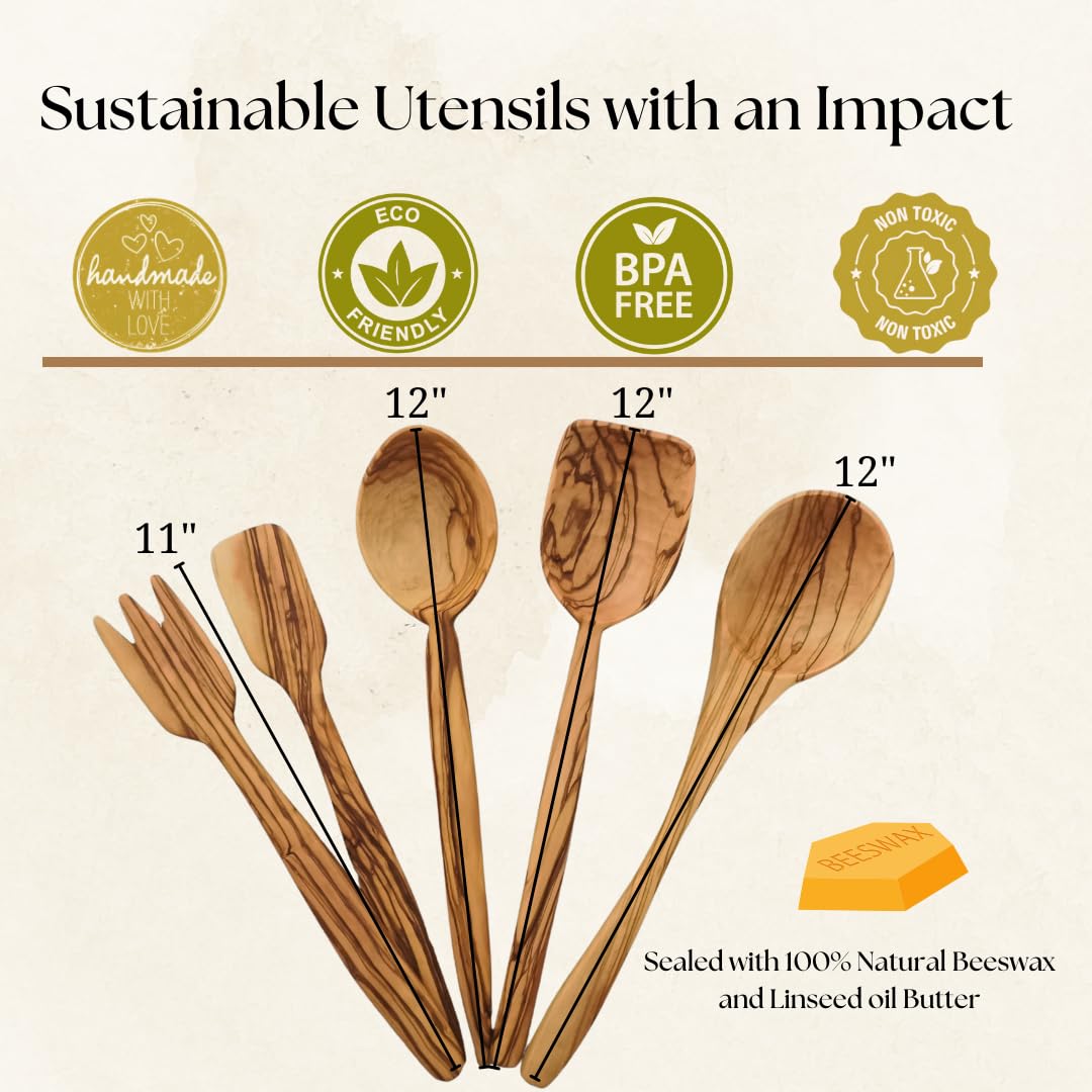Premium Olive Wood Cooking Utensil Set - 5-Piece Artisan Cooking and Serving Utensil Bundle, Olive Wood Utensils, Fair-Trade, Handcrafted, Includes 2 Greek Recipes - LESVOS WOODCRAFT