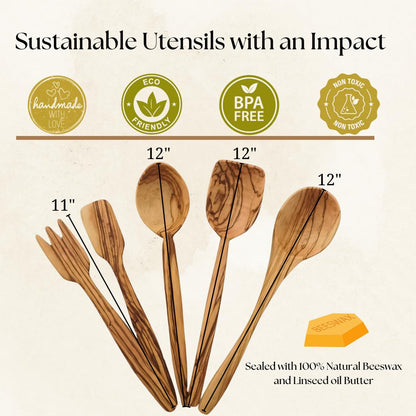 Premium Olive Wood Cooking Utensil Set - 5-Piece Artisan Cooking and Serving Utensil Bundle, Olive Wood Utensils, Fair-Trade, Handcrafted, Includes 2 Greek Recipes - LESVOS WOODCRAFT