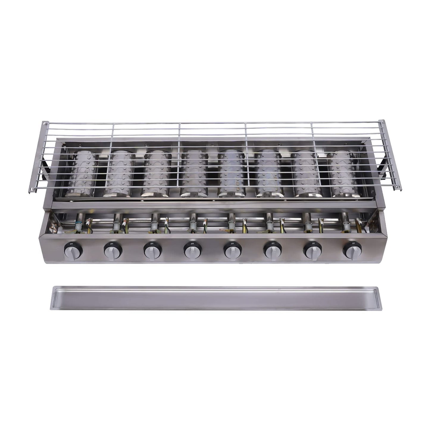 Commercial 8 Burner Gas Countertop Griddle with Smokeless Yakitori Grill, Adjustable Height LPG Propane Indoor Griddle, Removable Grill Net