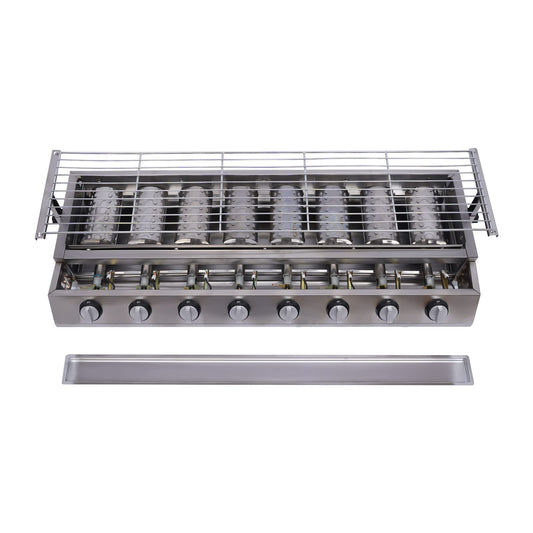 Commercial 8 Burner Gas Countertop Griddle with Smokeless Yakitori Grill, Adjustable Height LPG Propane Indoor Griddle, Removable Grill Net