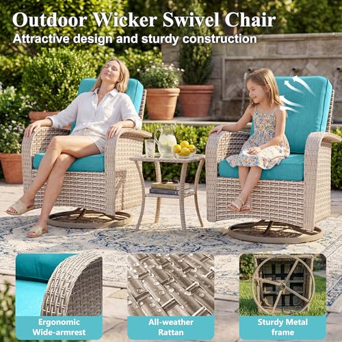 SnugVista Patio Furniture Set, 18-Piece Outdoor Sectional Sofa with Swivel Rocker Chairs & Fire Pit Table, Wicker Patio Conversation Set with Coffee Table, Cyan Cushions