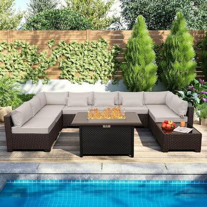 Rattaner 10 Pieces Outdoor Sectional All-Weather Wicker Patio Furniture Set Patio Sectional and Steel Fire Table and Glass Patio Table Non-Slip Cushions and Waterproof Covers, Beige