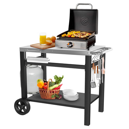 GRILL FORCE Outdoor Grill Table, Movable Dining Cart, Pizza Oven Table Stand, Double-Shelf Grill Stand, Food Prep and Work Cart with Wheels, Hooks, Fits for Blackstone Ninja