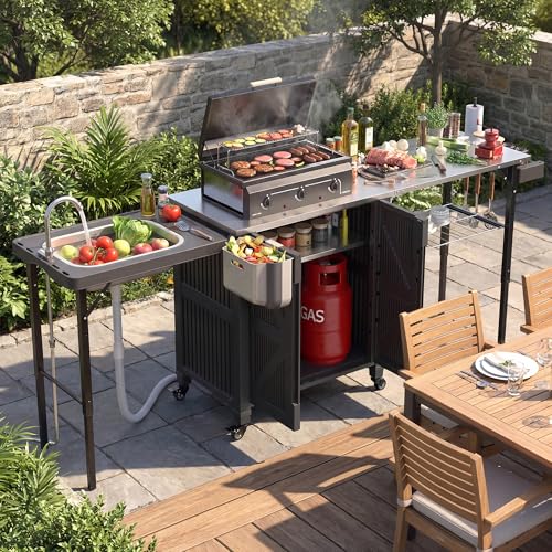 3-in-1 Outdoor Grill Cart with Sink & Faucet, Stainless Steel Top Outdoor Kitchen Island, Prep Table with Foldable Side Table, Storage Cabinet, Rolling Grill Station with Wheels for Patio, Backyard