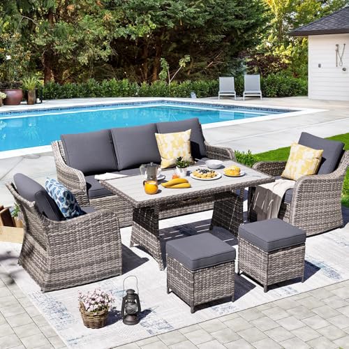 MEISSALIVVE 6 Pieces Outdoor Patio Furniture Set, Wicker Patio Conversation Set, Patio Sectional Furniture Set with 2 Single Chair and Sofa, 2 Ottomans and Dining Table (Grey)