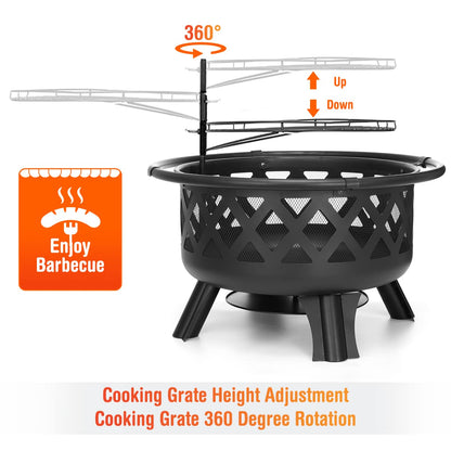 2 in 1 Fire Pit with Cooking Grate 30'' Wood Burning Firepit Outdoor Fire Pits Steel Firepit Bowl Outside with Swivel BBQ Grill, Spark Screen, Poker for Backyard Garden Bonfire Patio