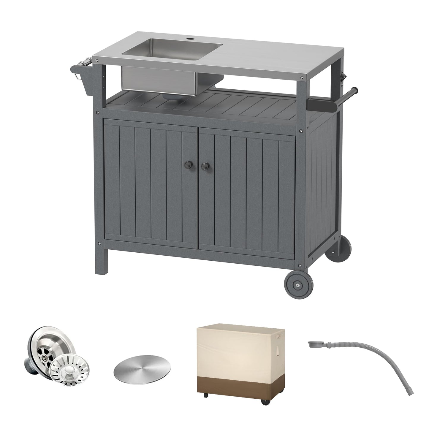 TORVA All in One Outdoor Grill Cart with Sink,Cabinet and Cover, 42 inch Freestanding Modular Kitchen Sink Station in 304 Stainless Steel&HDPE, All Weather Use BBQ Table, Grey