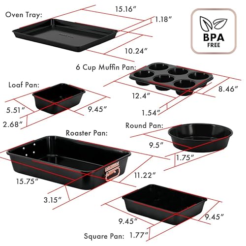 Prime Cuisine Stackable Nonstick Bakeware Set, 8 Piece Baking Pan Set, Oven Safe Carbon Steel, Includes Cookie Sheet, Muffin Pan, Loaf Pan & Roaster