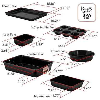Prime Cuisine Stackable Nonstick Bakeware Set, 8 Piece Baking Pan Set, Oven Safe Carbon Steel, Includes Cookie Sheet, Muffin Pan, Loaf Pan & Roaster