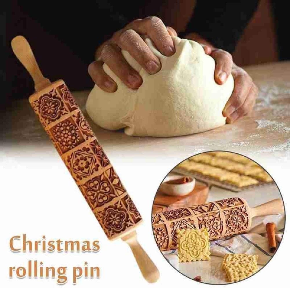 Rolling Pins for Baking, Christmas Wooden Rolling Pin, Deep Engraved Embossing Rolling Pin Kitchen Decor Tools for Baking Embossed Cookies