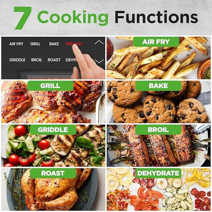 NutriChef Indoor Smokeless Grill - Smart Grill & Air Fryer with 7 Cooking Functions - 6L Capacity - Includes Smart Thermometer - Precise Temperature Control - Non-Stick Removable Grill Plates