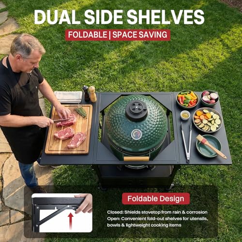 Outdoor Grill Cart for Big Green Egg Style| Egg BBQ Grill with a Cover| 3-Duty Storage| 2 Sided Prep Table| 530Lbs&Heavy Duty Metal |Outside-in Easy Assembly| Compatible with Big Green Egg, Kamado Joe